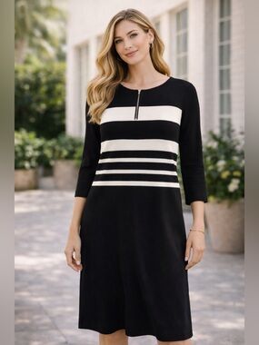 NWT Talbots Black White Striped Dress Classic Chic Everyday Luxe